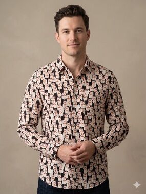 Naked & Famous Sz M Cotton Cat Novelty Print Button Front Shirt